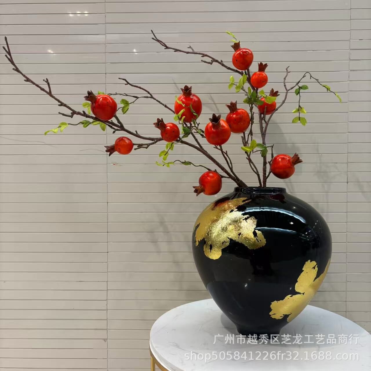 新中式样板间酒店大堂玄关桌面艺术插花器摆件贴金箔装饰柜洽谈桌