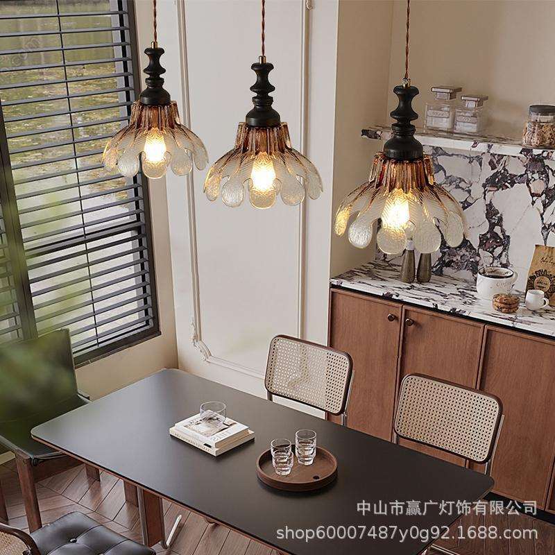 中古风餐厅吊灯美式复古床头小吊灯实木玻璃高级感简约吧台灯具