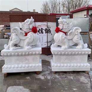 石雕貔貅一对晚霞红青石门墩石鼓麒麟门口看门摆件石头