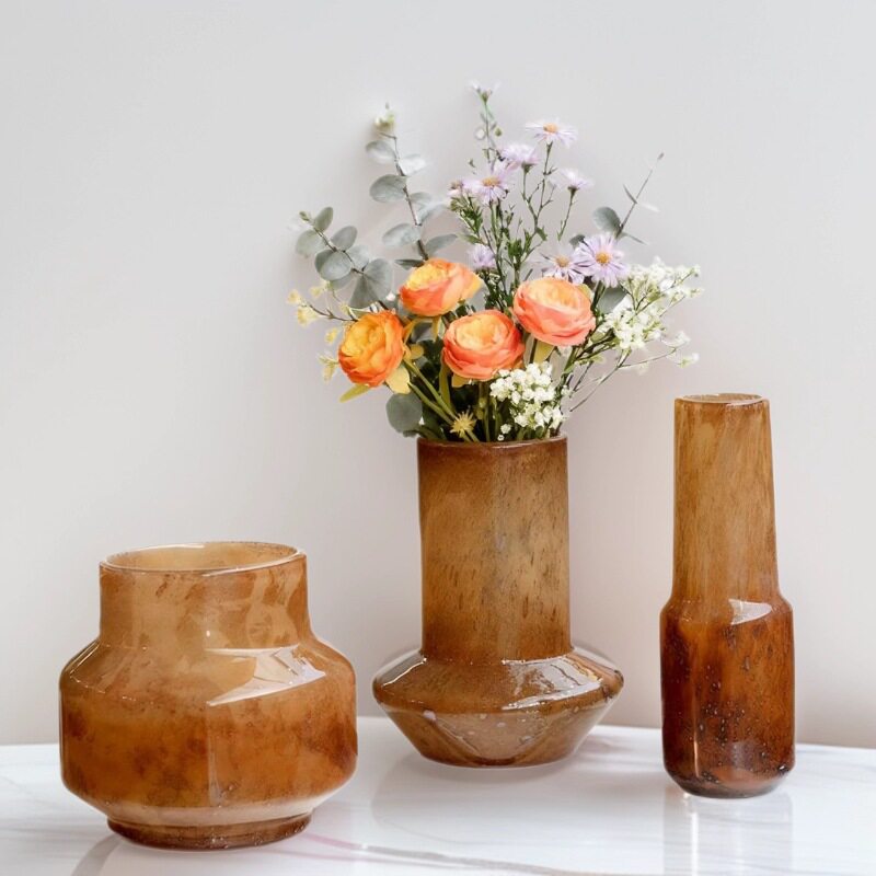 批发锥形轻奢玻璃花瓶家居装饰品摆件北欧插花水培小众琥珀高级感