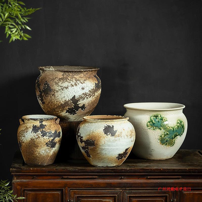 Q2粗陶花盆大口径陶瓷复古中国风花器庭院客厅摆件个性创意土培盆
