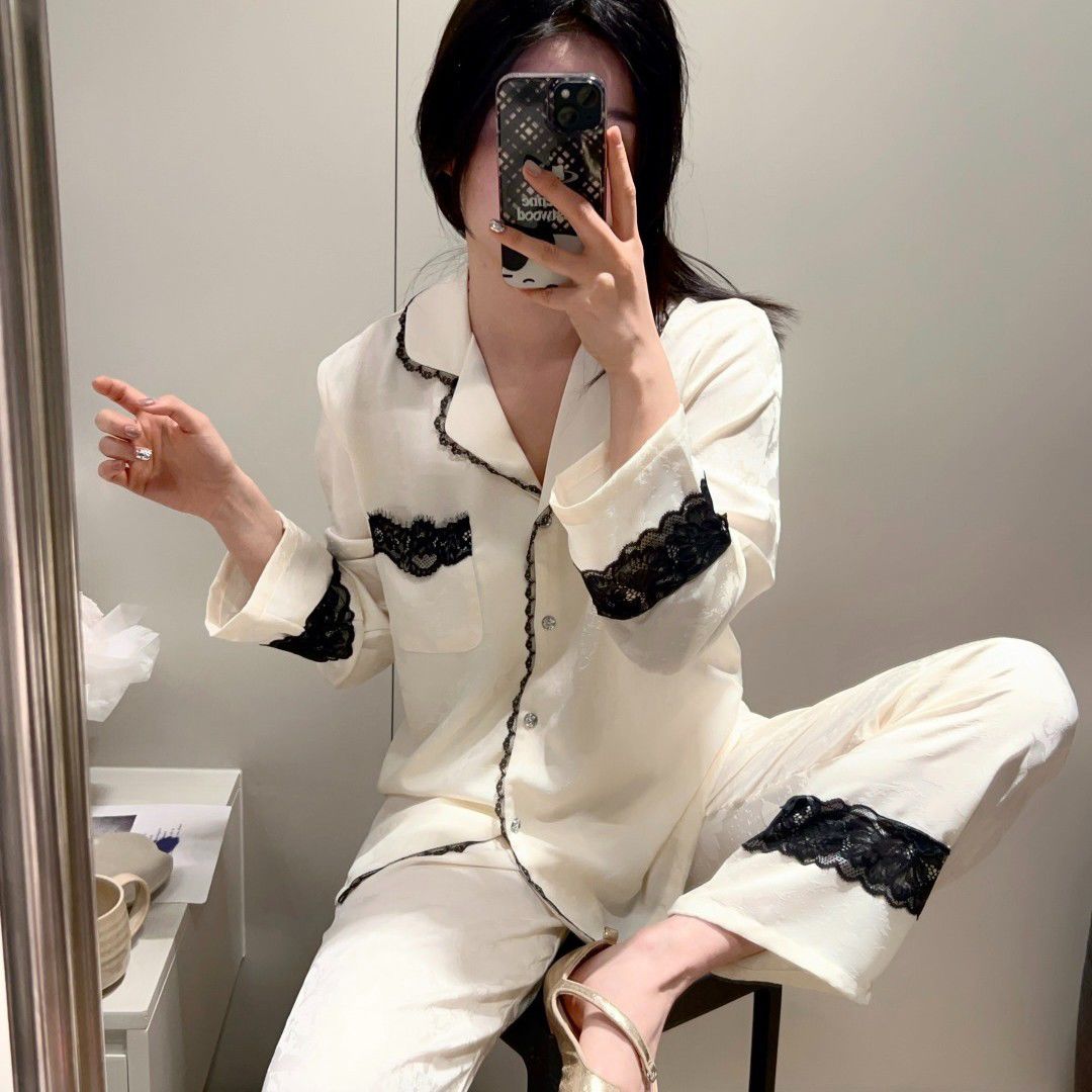 春夏新款冰丝睡衣女长袖长裤蕾丝开衫甜美家居服套装宫廷风少女风