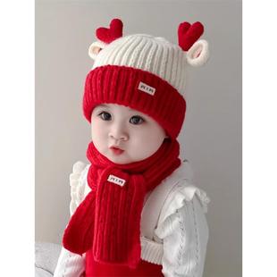 韩国Uamtor宝宝帽子冬季婴幼儿新年红色喜庆可爱护耳帽保暖毛线帽