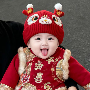 韩国Uamtor男女宝宝帽子冬季红色虎头帽婴幼儿新年喜庆毛线保暖帽