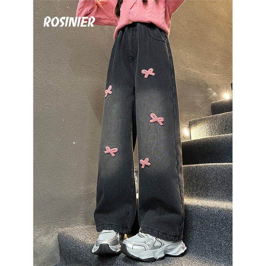 韩国ROSINIER女童加绒裤子冬款一体绒儿童保暖加绒加厚牛仔阔腿裤