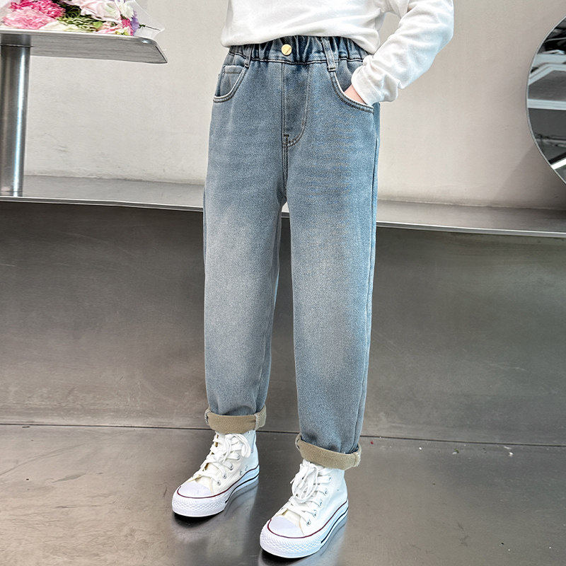 韩国ROSINIER女童牛仔裤秋冬款女孩冬季加绒直筒裤中大童儿童长裤
