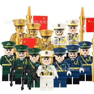 跨境12款海陆空3军阅兵国旗纪念版军事拼装积木人仔儿童益智玩具
