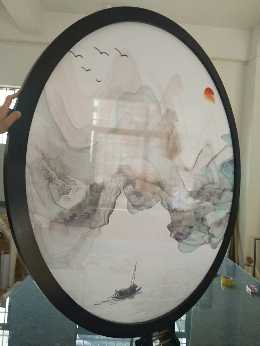 子欣定制双面半透明纱画屏风隔断灯具装饰个性艺术圆框画吊顶展会