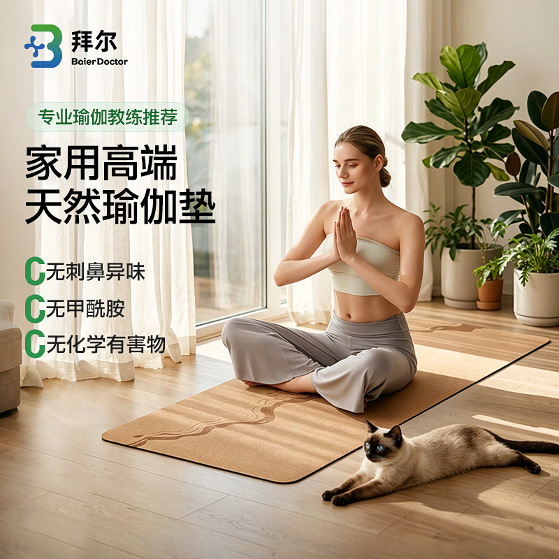 拜尔天然软木瑜伽垫男女家用铺垫防滑减震可折叠户外健身毯运动垫