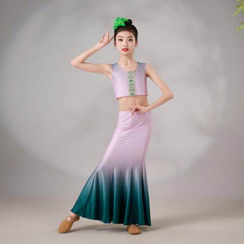 高档新款儿童傣服演出服族幼儿鱼尾装练习舞孔雀舞艺考服装民裙族