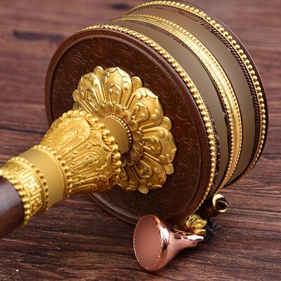 藏式手摇转动亚青转铜手摇纯铜双层浮雕家用摆件古铜色大小号摆件