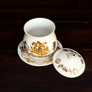 精选招财进宝供杯 家居佛堂文武财神关公供杯黄陶瓷描金供奉佛前