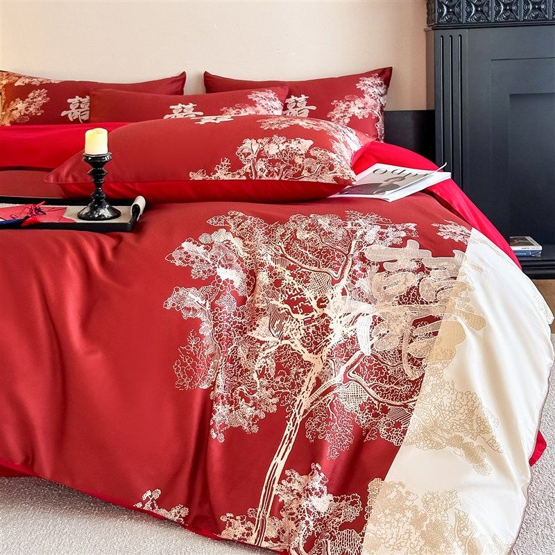 精选南通家纺轻奢新婚庆四件套红色刺绣结婚被套中式婚嫁喜被床上,床上用品,婚庆床品套件,淘宝优惠券,粉丝福利购,淘宝优惠卷