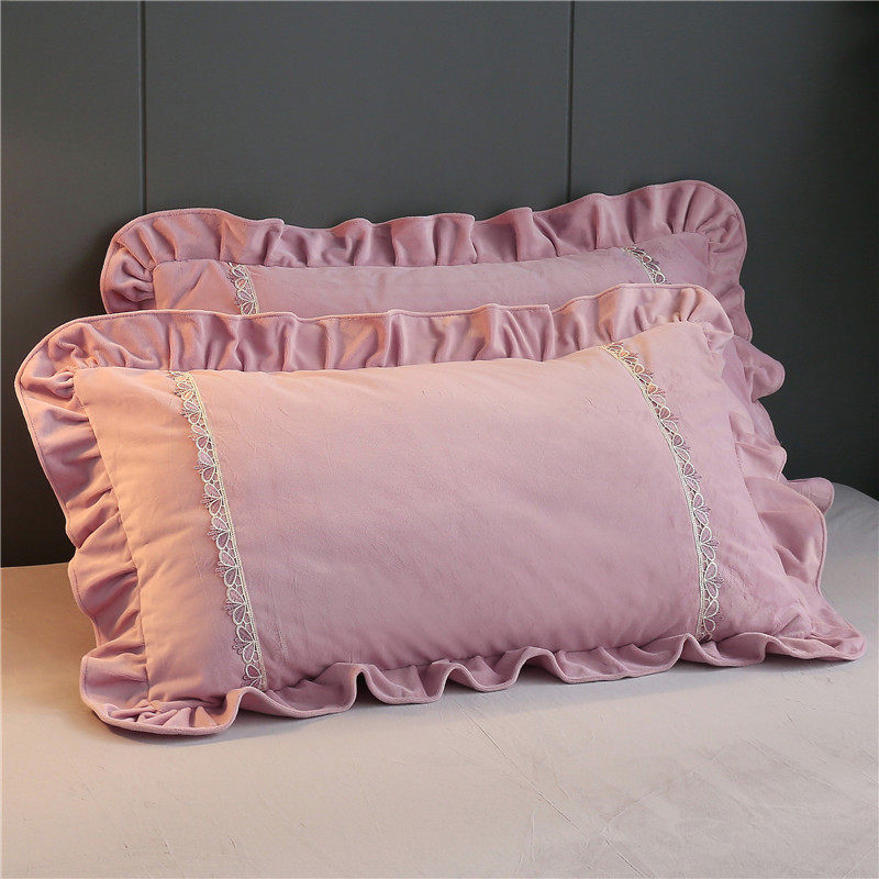 水晶绒枕套一对纯色刺绣花边珊瑚牛奶婴儿绒单人枕头枕芯套内胆套