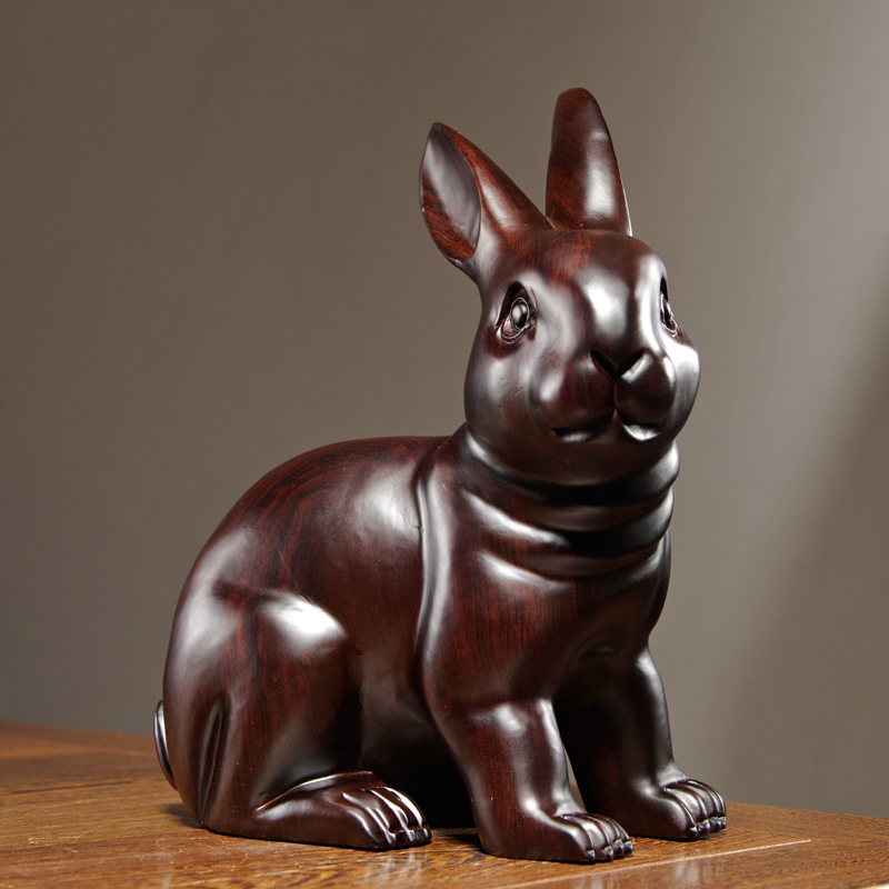 黑檀木雕兔子摆件雕刻家居客厅玄关木质动物生肖兔装饰摆设工艺品