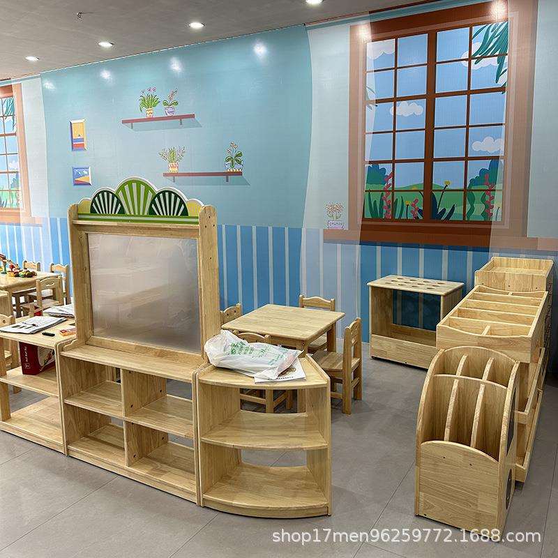 幼儿园儿童橡胶木水性漆家具组合柜学习桌椅组合书架收纳架美工柜