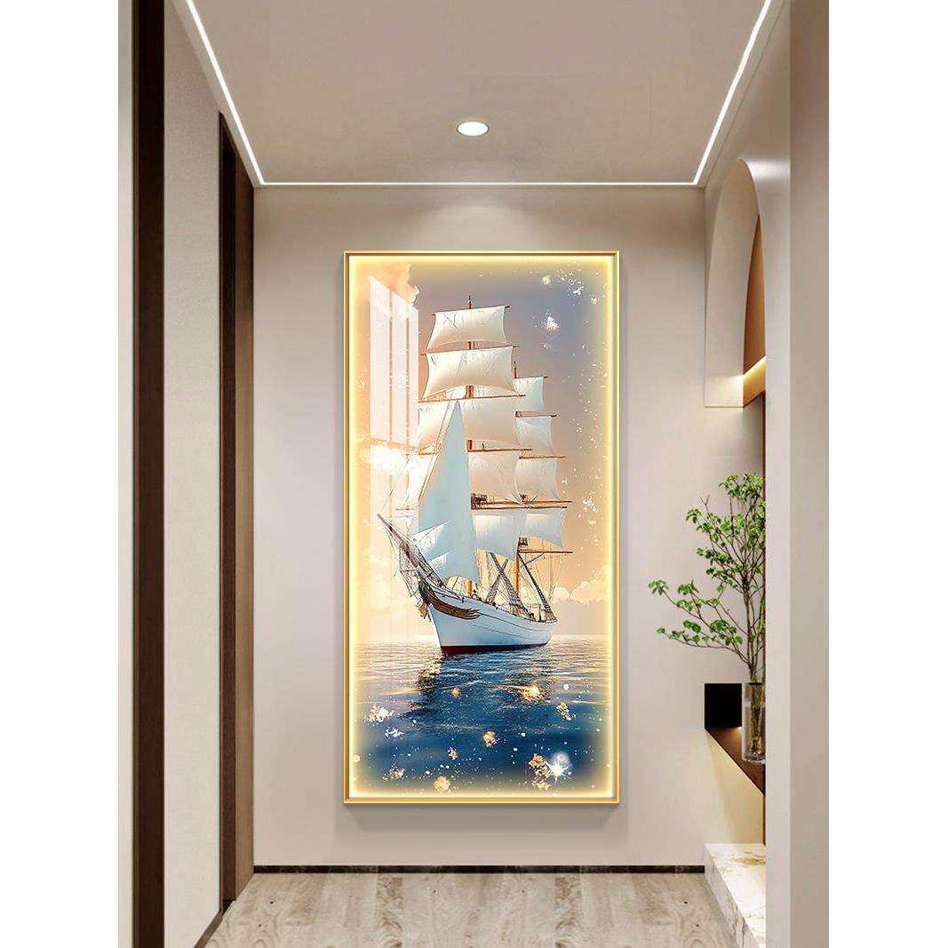 一帆风顺玄关装饰画灯画海上风景画简约现代入户正对门走廊过道画