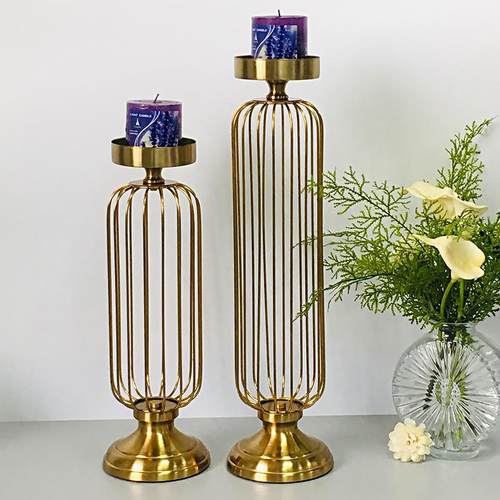 跨境亚马逊烛台仿古铜简约复古金属铁艺铁线灯笼蜡烛托摆件装饰品