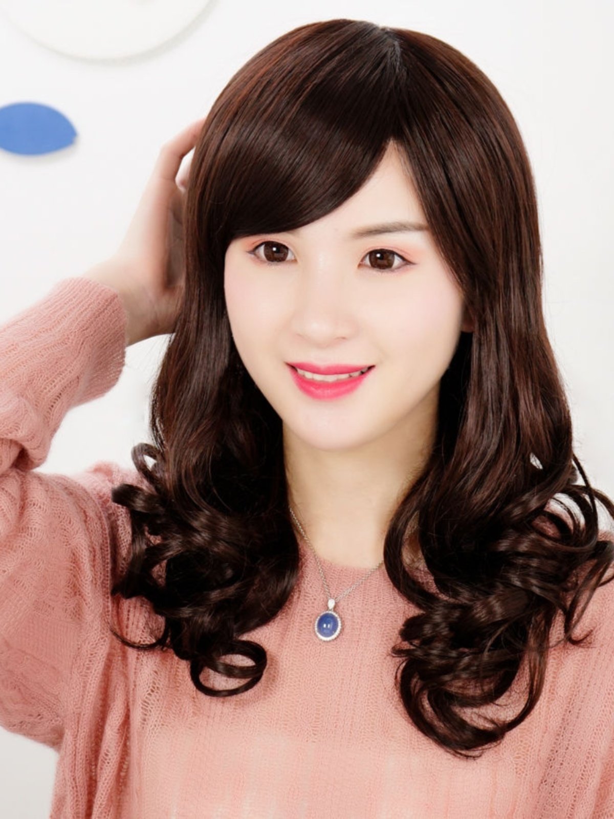 厂假发女长发斜刘海长卷发中年妈妈假头套45cm中长发全头套可扎库