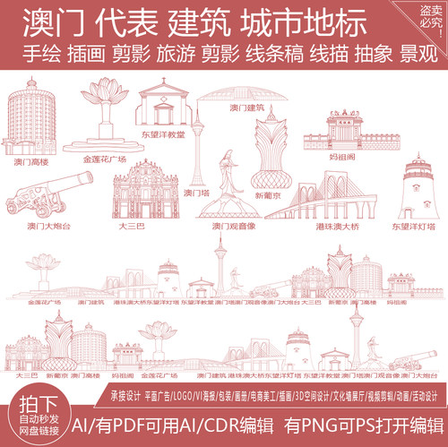 澳门城市粤港澳大湾区景点建筑地平天际线描稿插画旅游地标志素材