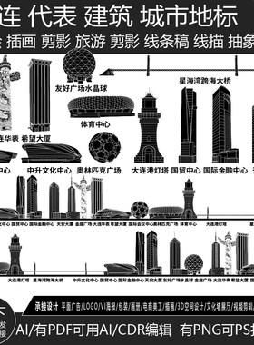 大连辽宁城市地标志剪影地平天际线描稿旅游景点建筑插画手绘素材