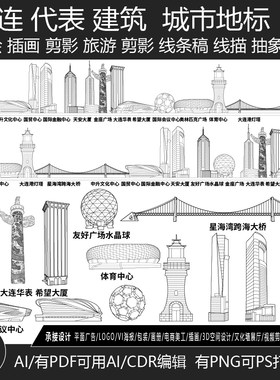 大连辽宁城市地标志剪影地平天际线描稿旅游建筑景点插画手绘素材