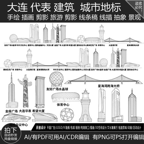 大连辽宁城市地标志剪影地平天际线描稿旅游建筑景点插画手绘素材