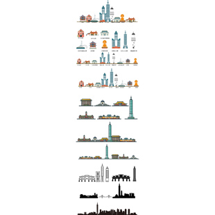 台湾建筑城市天际地标线条描稿剪影旅游景观插画设计手绘元素材