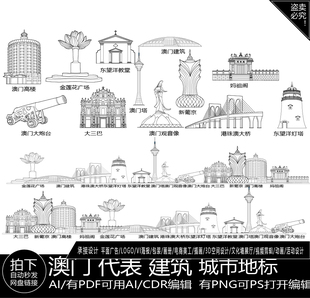 澳门粤港澳大湾区景点地平天际线描稿建筑城市插画旅游地标志素材