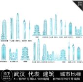 武汉湖北地标志天际线条描城市稿景点剪影旅游建筑手绘插画元 素材