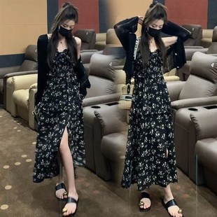 2023新款 碎花吊帶裙子寬松休閑顯瘦夏天兩件 套j裝 孕婦連衣裙夏季