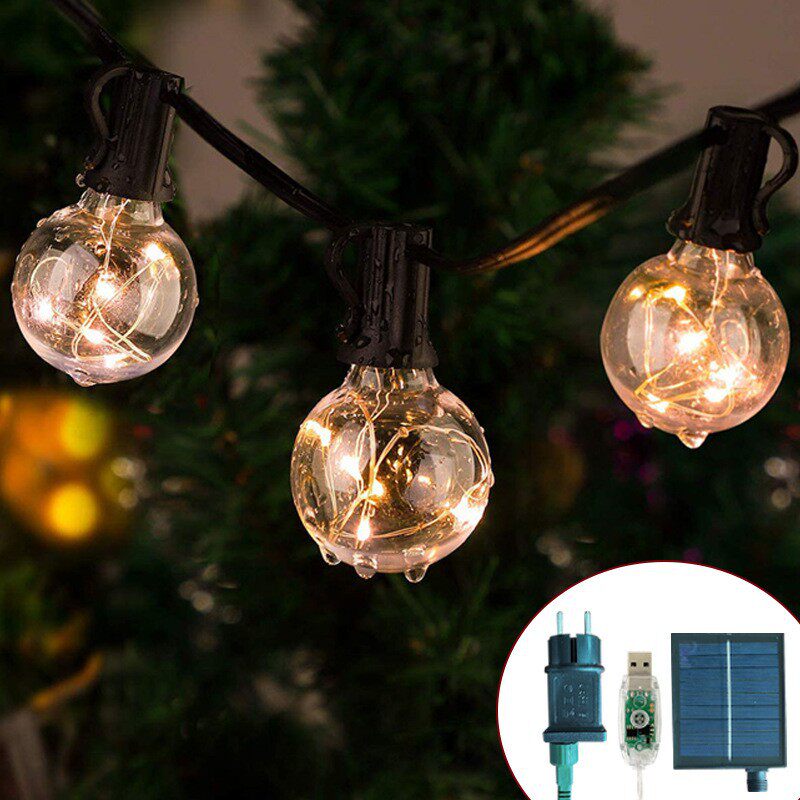 跨境太阳能灯泡灯串户外防水派对圣诞装饰复古LED遥控圆球灯串
