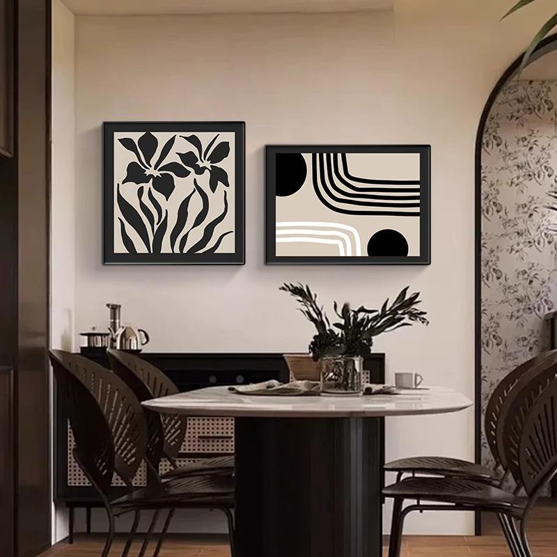 法式中古风餐厅装饰画抽象艺术黑白线条饭厅餐桌挂画卧室双联壁画