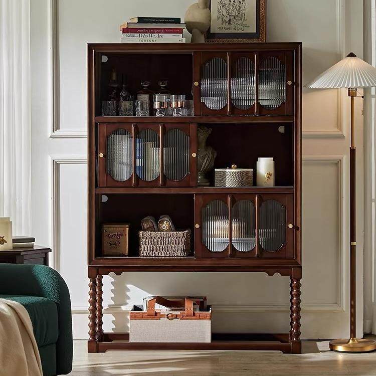 美式实木复古高脚柜客厅酒柜餐边柜法师中古书柜展示收纳碗碟柜子