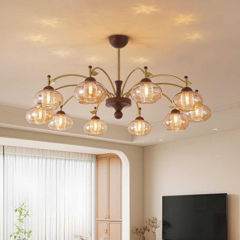 中古风客厅吊灯水转印胡桃色高级感轻奢法式复古琥珀餐厅卧室灯具