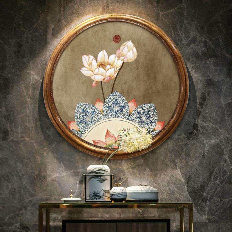 玄关装饰画新中式挂画圆形挂画客厅壁画现代走廊参与书房荷花油画