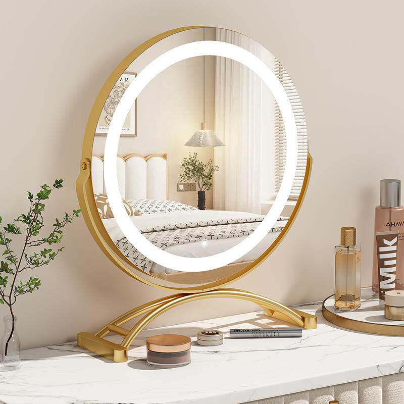 圆形化妆镜子带灯台式桌面大号led补光充电可旋转梳妆台宿舍网红