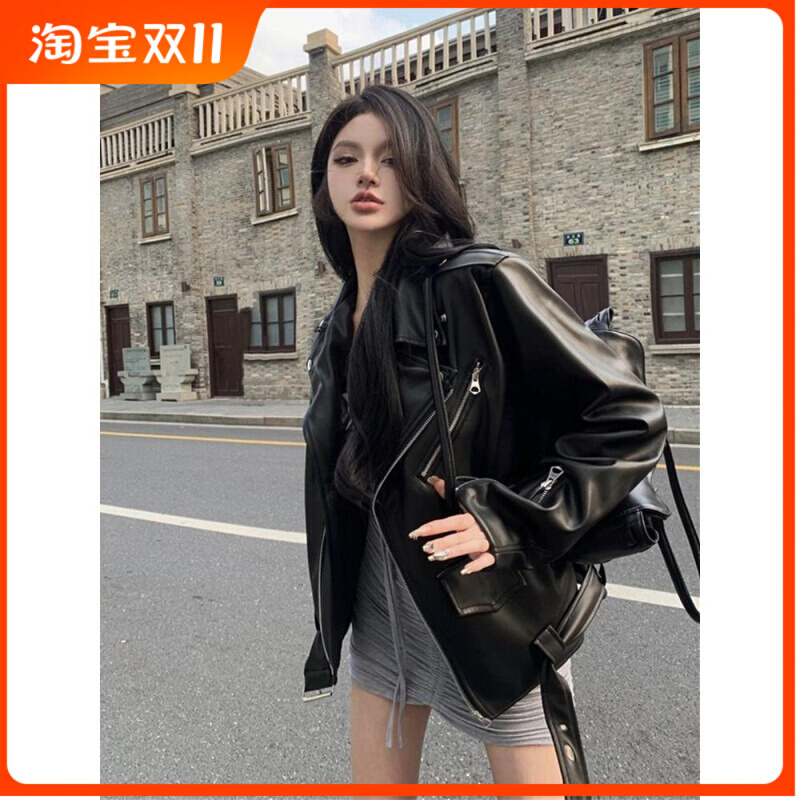 韩版黑色皮衣外套女短款2023年秋冬小个子复古设计感小众机车夹克