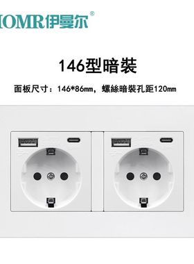 type-c+USB16A欧式德式法式插座面板146型出口外贸暗装跨境货源