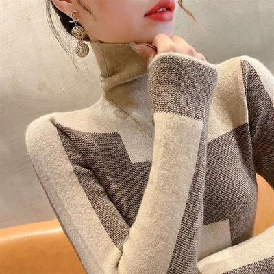 撞色棉羊毛高领打底衫女内搭2025秋冬新款高级感毛衣针织修身上衣