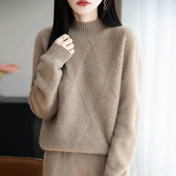 菱形半高领绵羊绒2025新款衫秋冬新款大码宽松保暖毛衣女针织上衣
