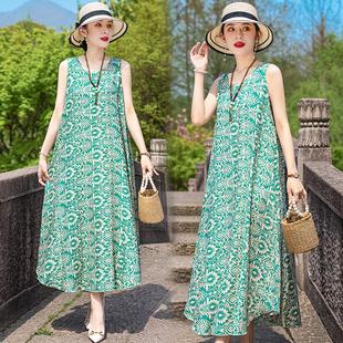 实拍2025年夏新款 背心中长连衣裙女大摆沙滩裙 棉绸连衣裙印花无袖