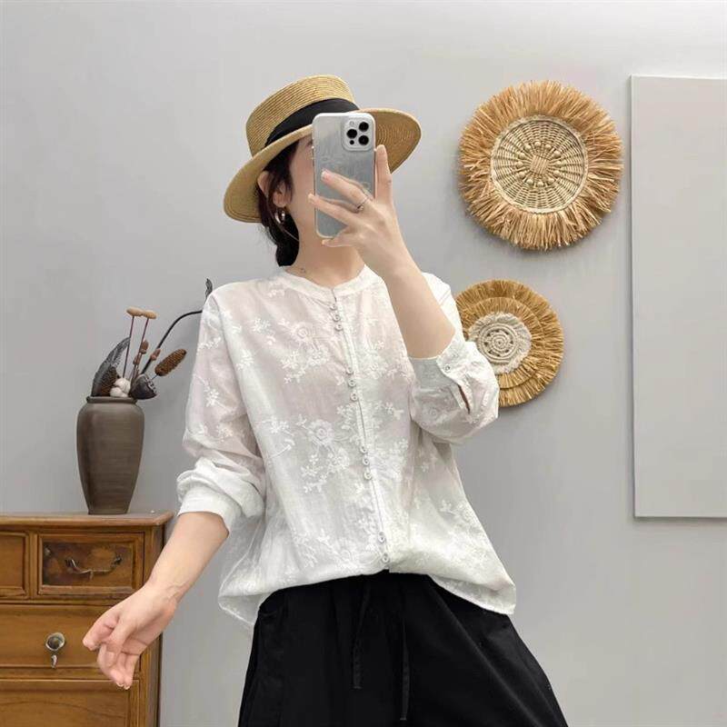 重工提花绣花长袖白衬衫 女 文艺甜美立领单排扣开衫上衣女装