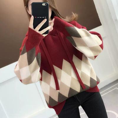 慵懒风宽松红色连帽格子毛衣女秋冬2025年新款洋气针织衫打底上衣
