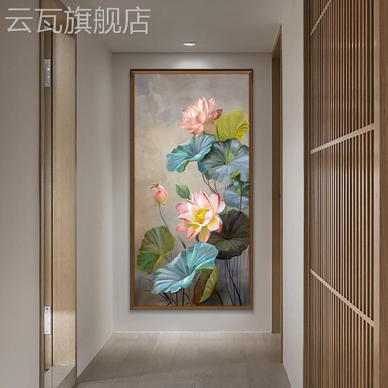 网红新中式玄关装饰画手绘油画竖版入户走廊过道壁画荷花卉画定制图片