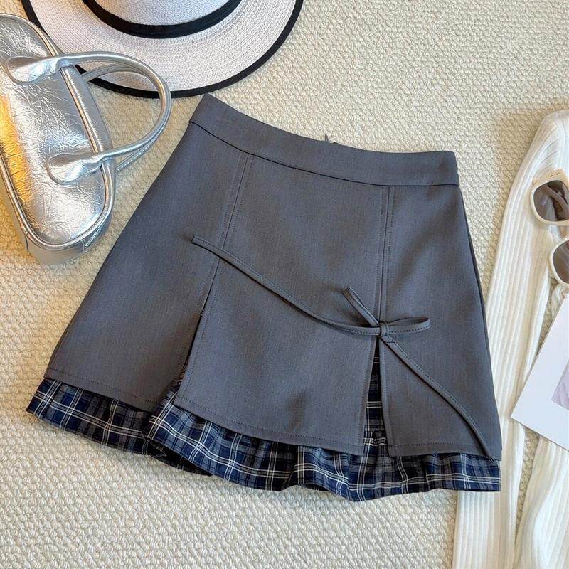 春季格子拼接开叉西装半身裙女2026新品气质灰色时尚高腰A字短裙