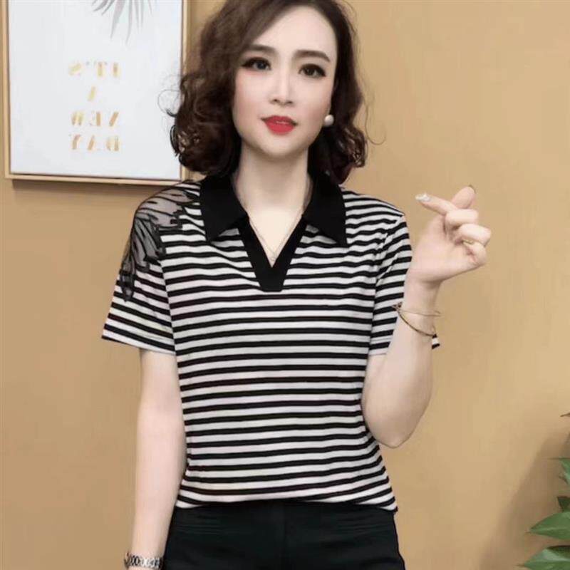 夏季新款时尚洋气小衫条纹肩膀镂空短袖翻领显瘦T恤女士休闲上衣