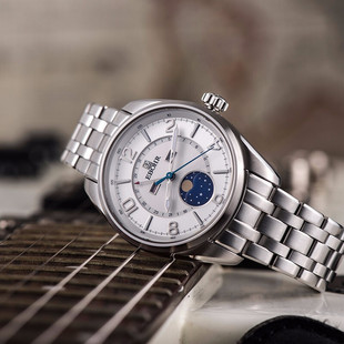 依波表(EBOHR)珍宝系列星辰盘夜光双历商务不锈钢石英表男表1080