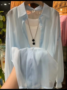 CPG抖音同款新款时尚百搭上衣珠光纱防晒衣灯笼袖衬衫高级中长款