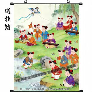 国潮经典 饰油画布挂画 百子嬉春图多子多孙好孕画客厅玄关防水装